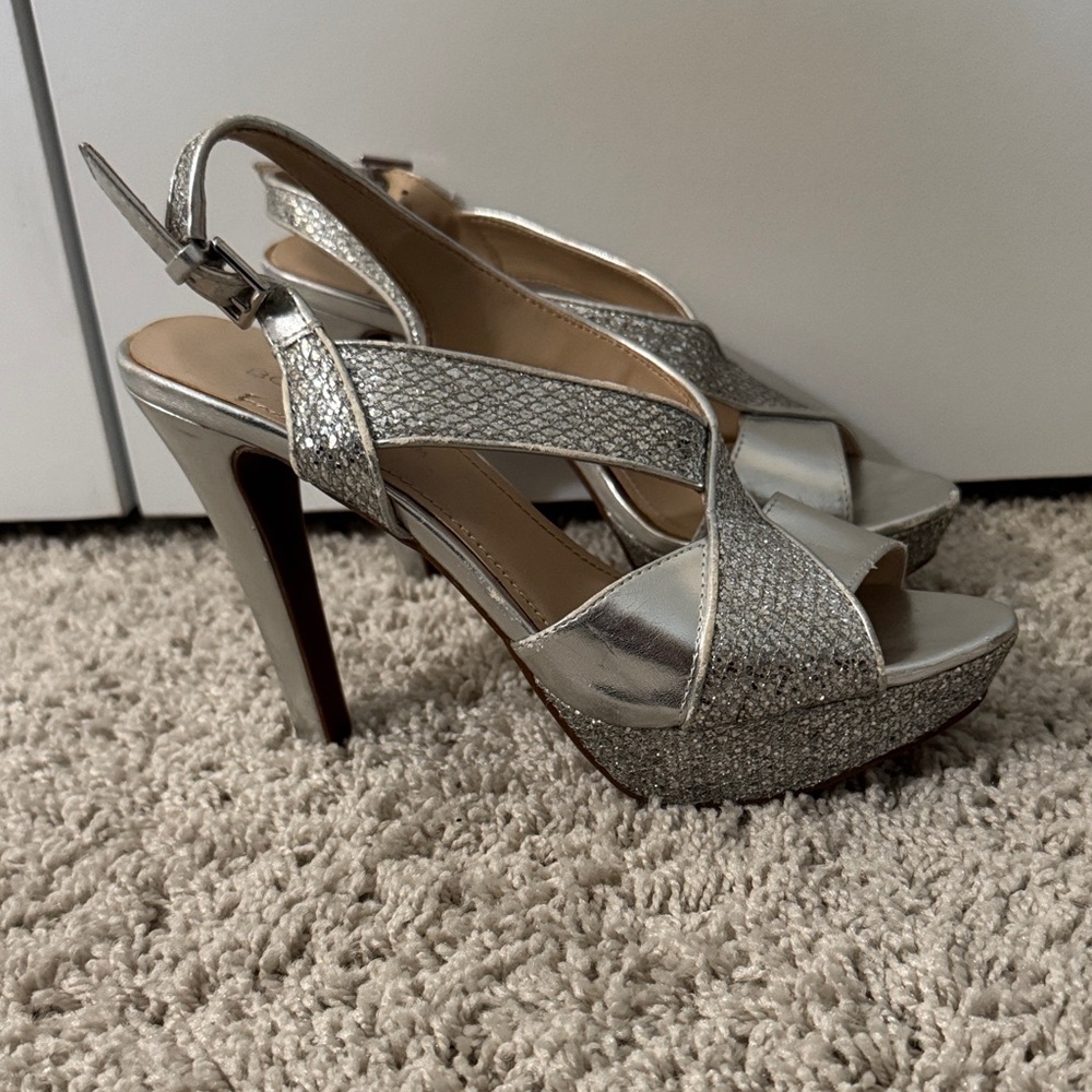 BCBGeneration Silver Strappy Platform Heels